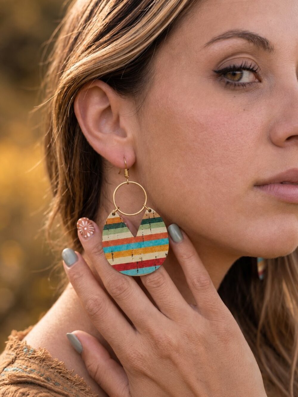 Wood Drop Earrings Colorful Striped Retro 70s Boho Gold Tone Multicolor 3"